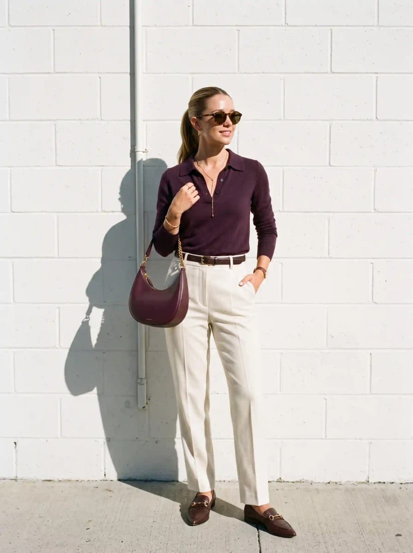 Burgundy Polo Sweater + Cream Wide-Leg Trousers
