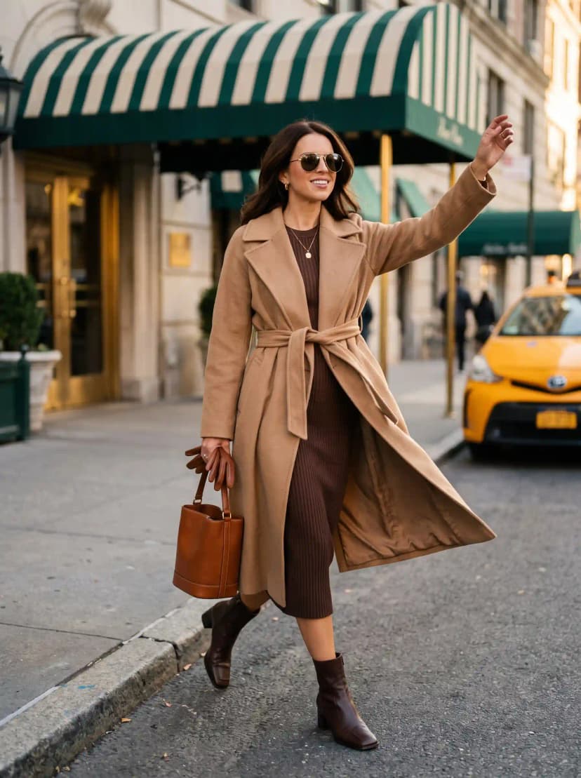 Camel Trench Coat + Brown Ribbed Midi Dress