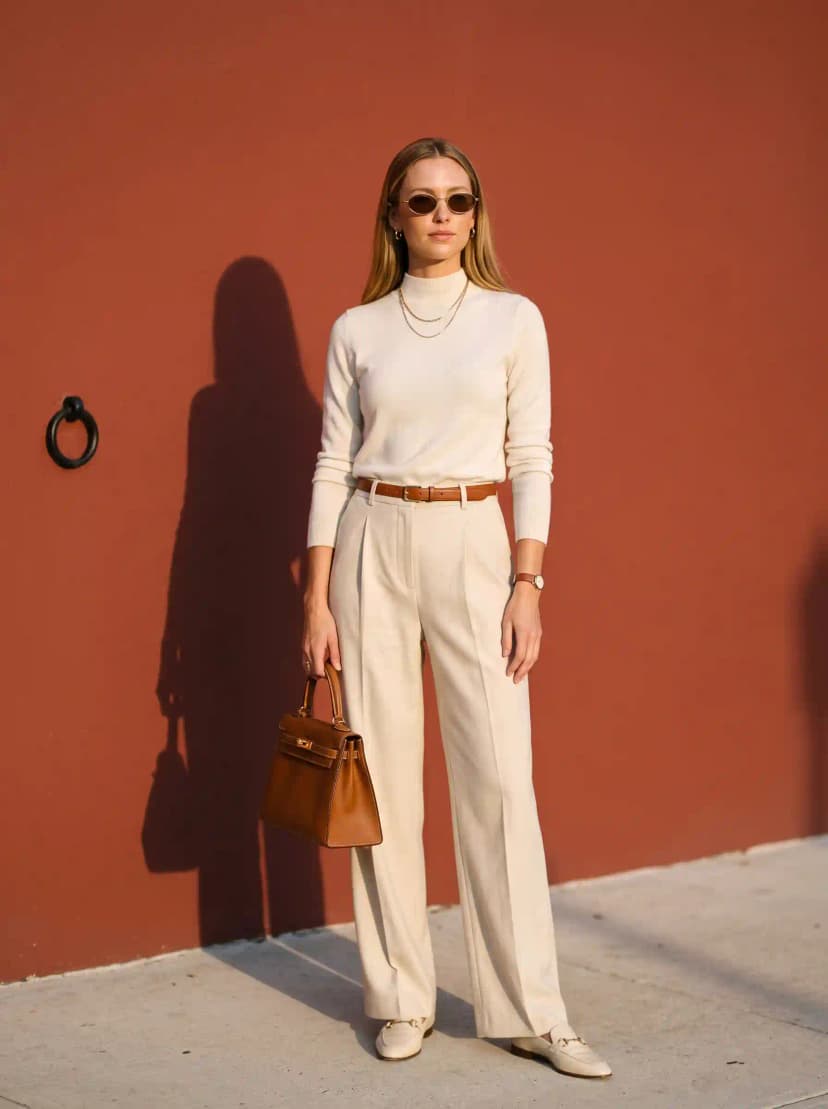 Cream Mock-Neck Sweater + Cream Wide-Leg Trousers
