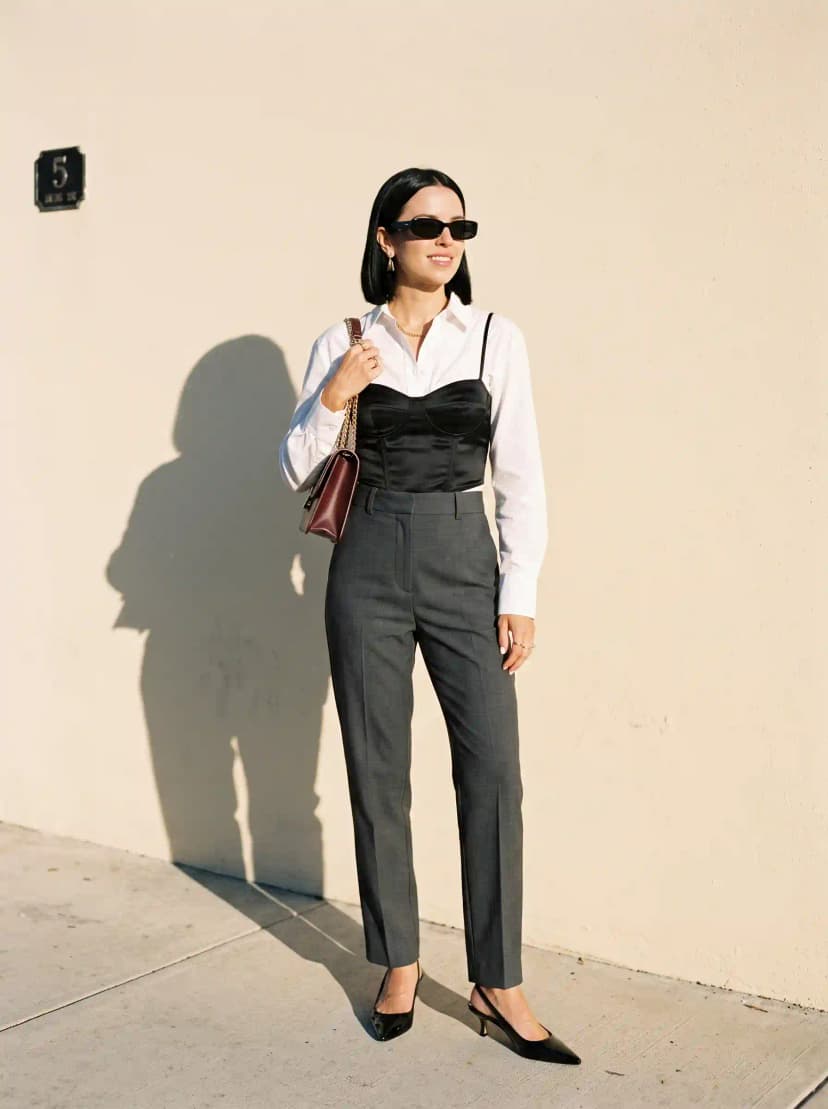 White Button-Down + Black Corset Top + Grey Trousers