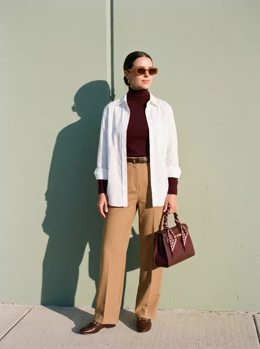 White Button-Down + Burgundy Turtleneck + Tan Wide-Leg Trousers
