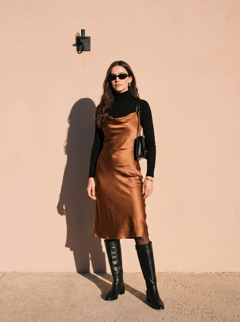 Black Turtleneck + Brown Satin Midi Dress