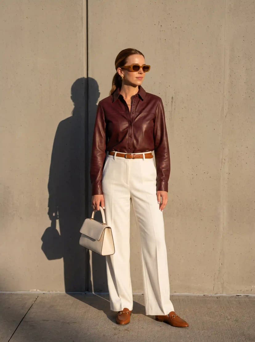 Brown Leather Button-Down + Cream Wide-Leg Trousers