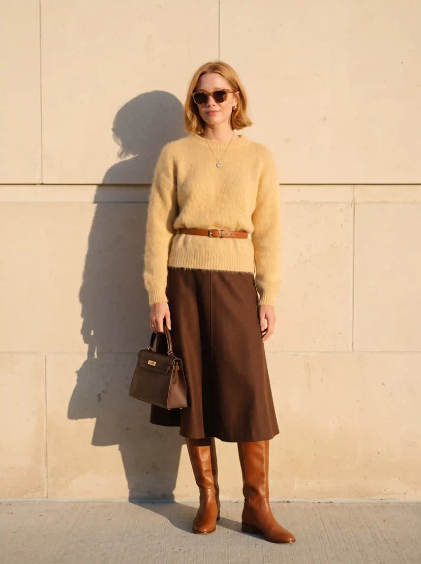 Yellow Fuzzy Sweater + Brown Midi Skirt