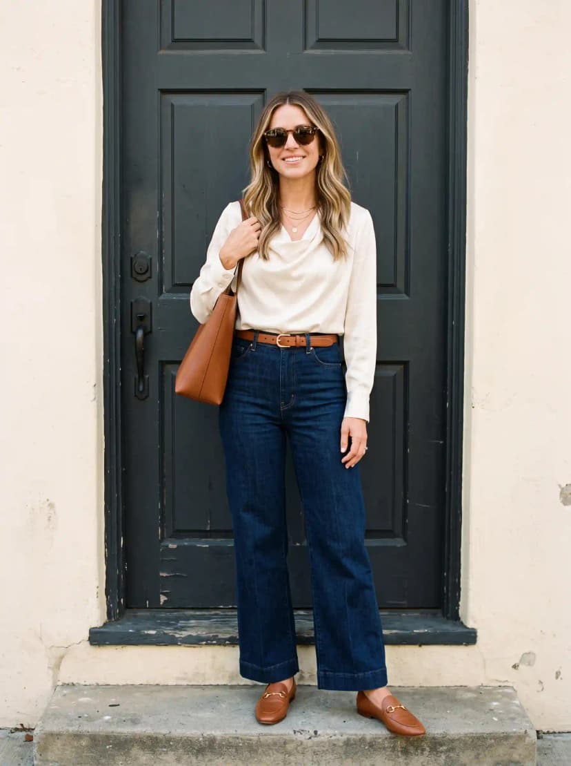 Cream Cowl-Neck Blouse + Dark Wash Wide-Leg Jeans