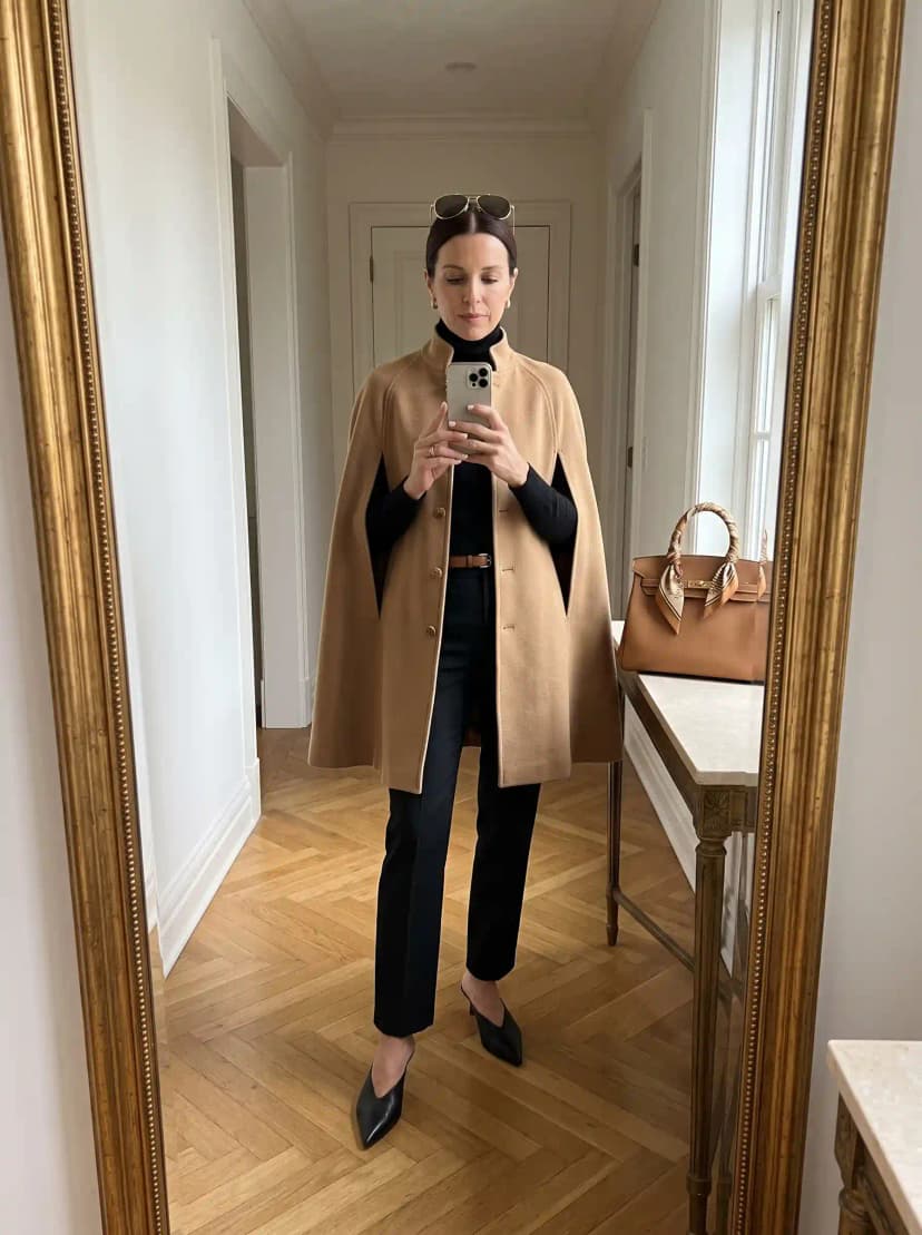 Camel Cape + Black Turtleneck + Black Trousers
