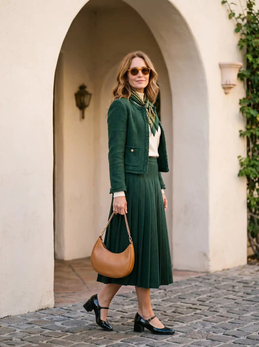 Green Tweed Cropped Jacket + Cream Sweater + Green Pleated Midi Skirt