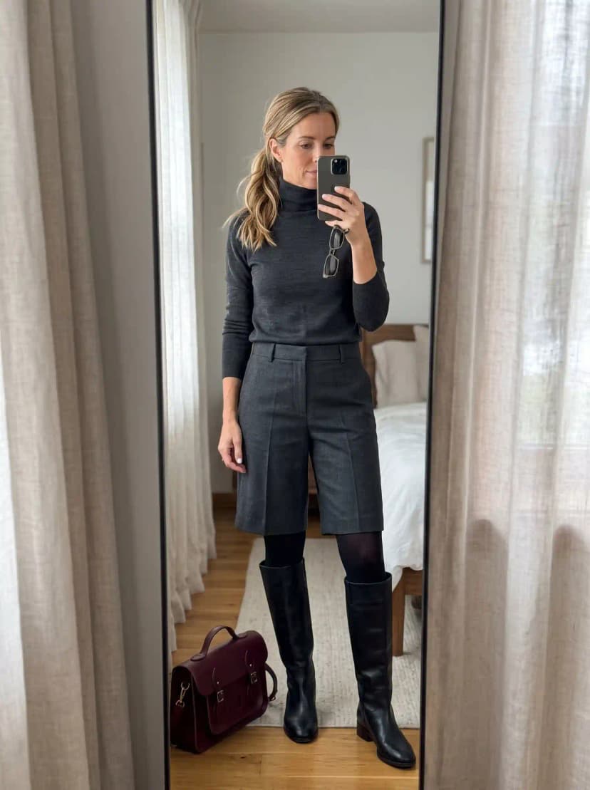 Grey Turtleneck Sweater + Grey Knee-Length Shorts
