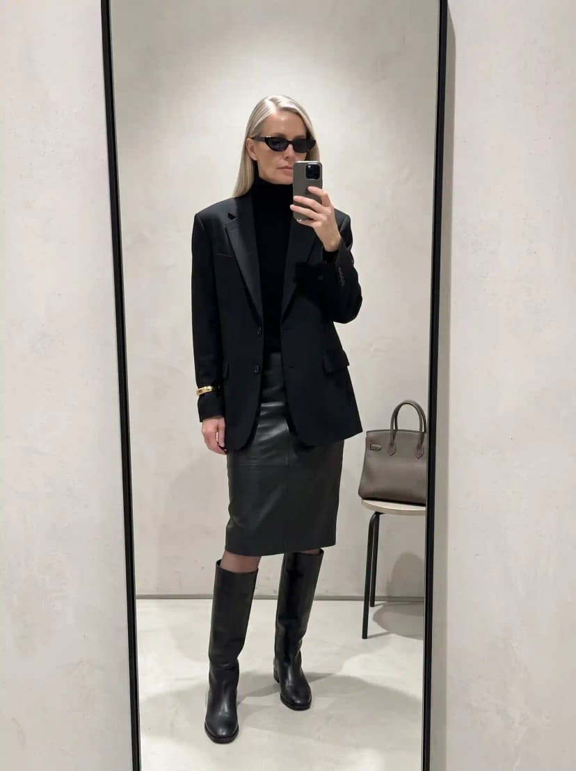Black Tuxedo Blazer + Black Turtleneck + Black Leather Skirt