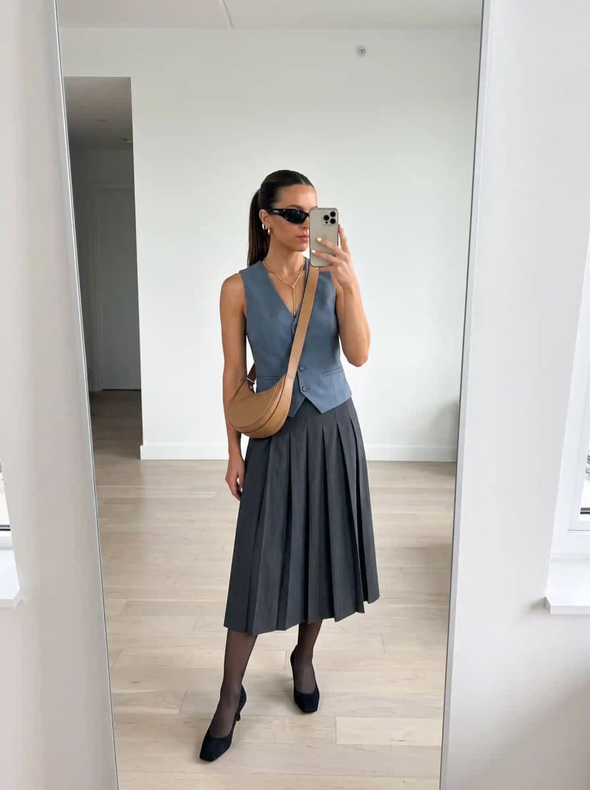 Grey Vest + Grey Pleated Midi Skirt