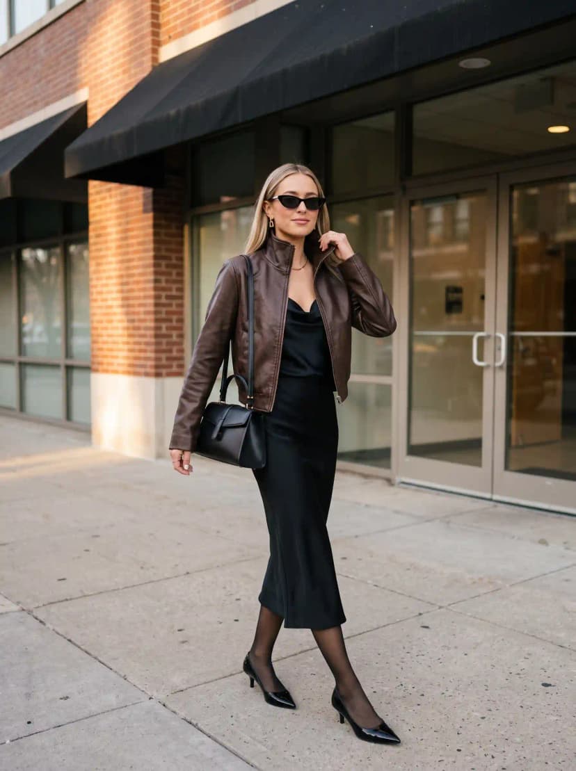 Brown Leather Jacket + Black Satin Slip Dress