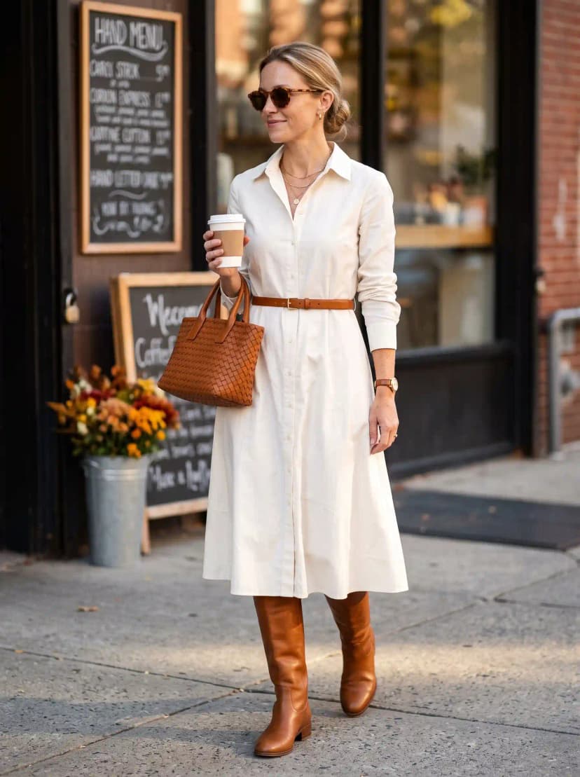 White Shirtdress + Brown Belt + Brown Boots