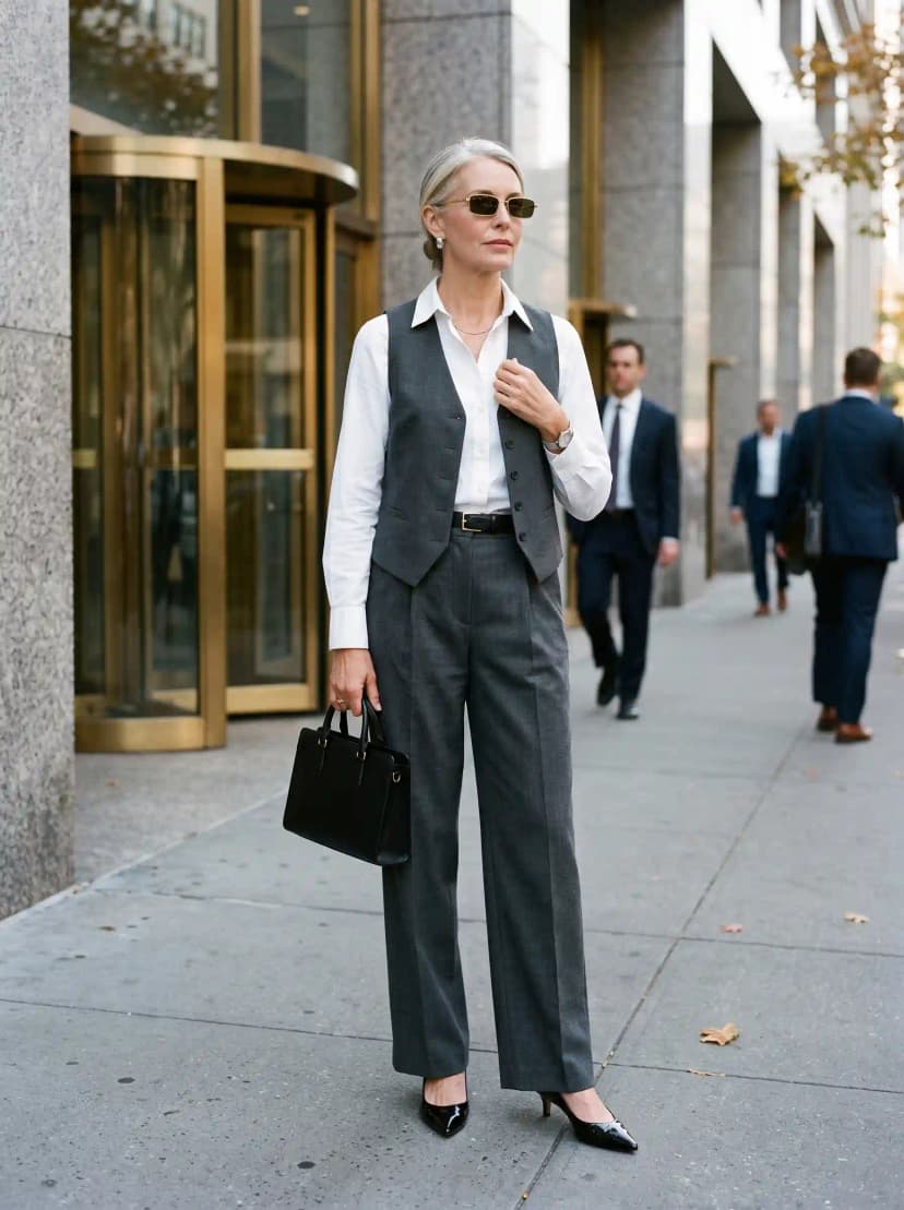 White Button-Down + Grey Vest + Grey Trousers