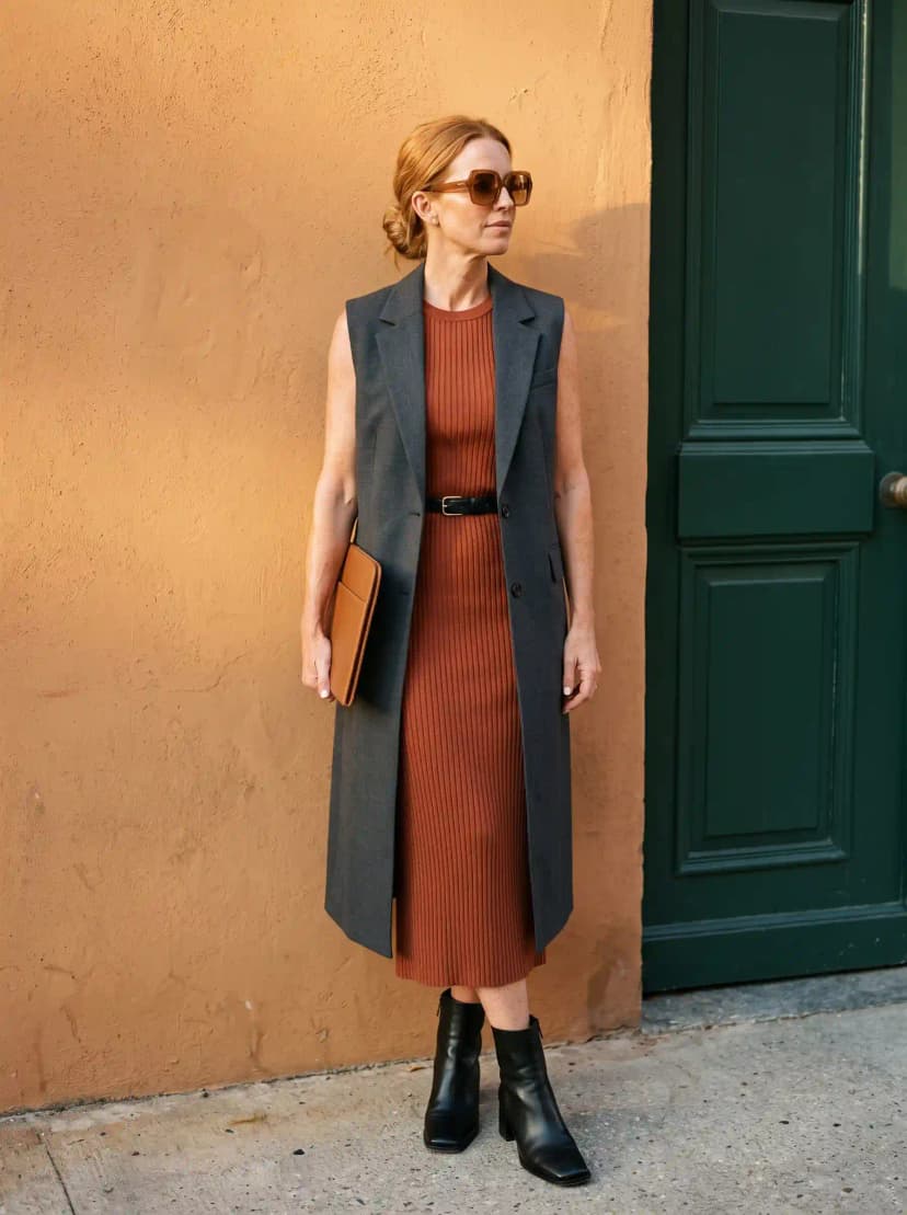 Grey Longline Vest + Rust Ribbed Midi Dress