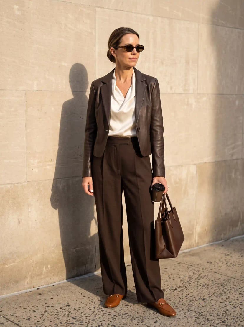 Brown Leather Blazer + Cream Silk Blouse + Brown Wide-Leg Trousers