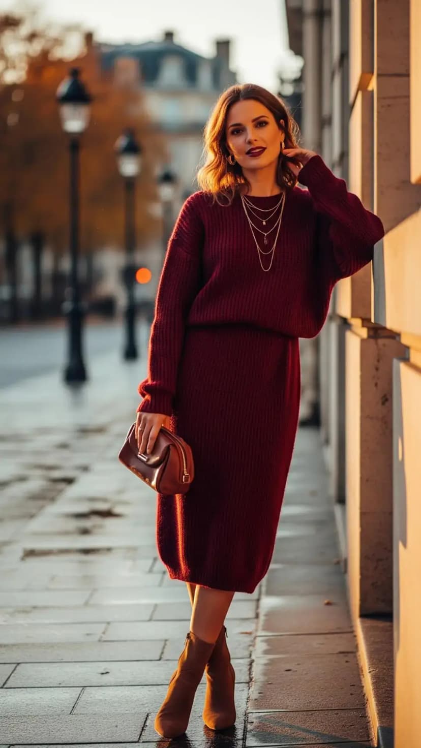 Burgundy Knit Sweater + Burgundy Skirt + Tan Boots