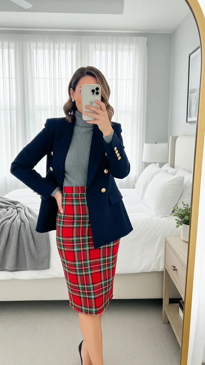 Navy Blazer + Grey Turtleneck + Plaid Pencil Skirt