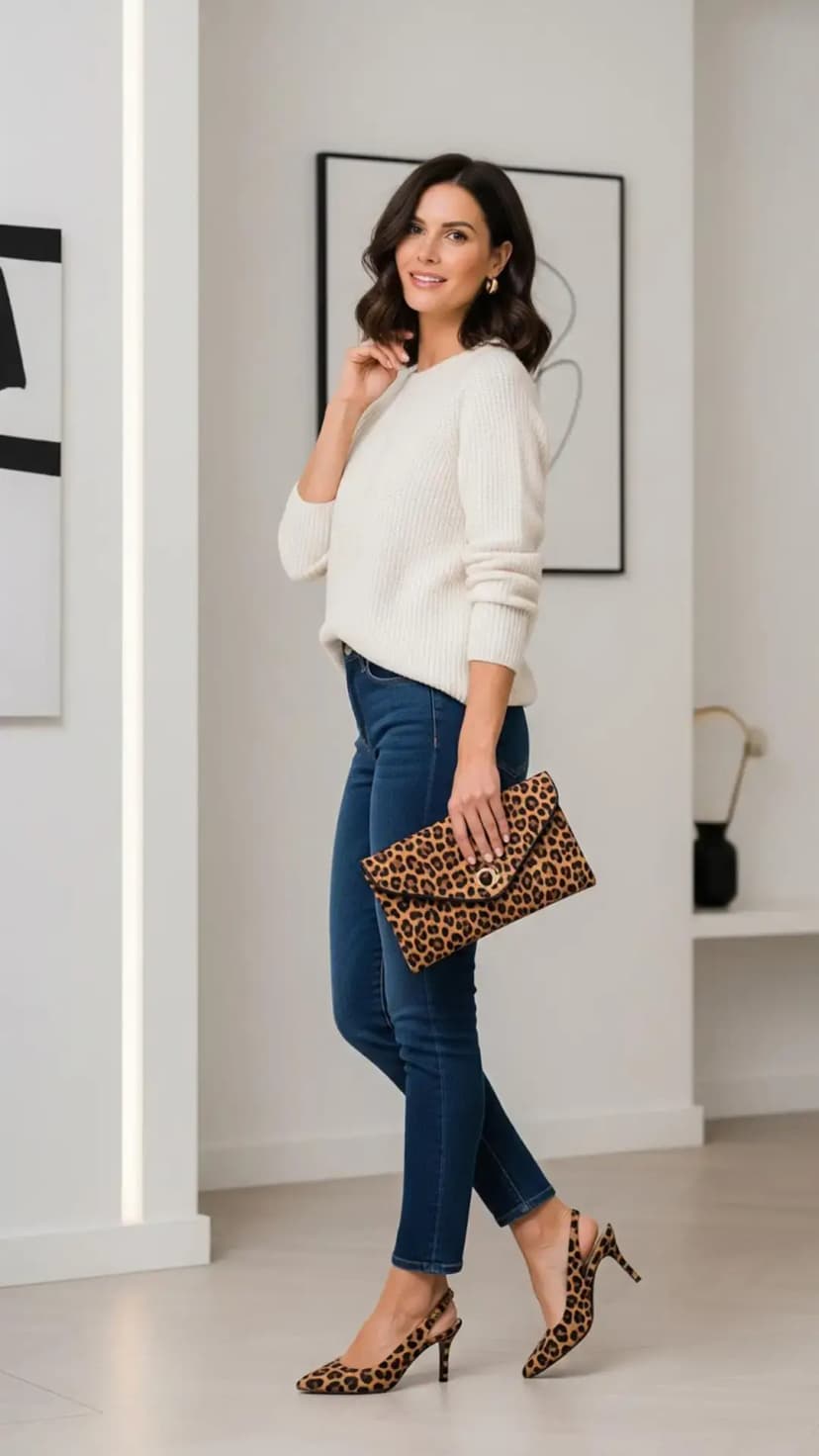 Ivory Sweater + Dark Skinny Jeans + Leopard Print Heels