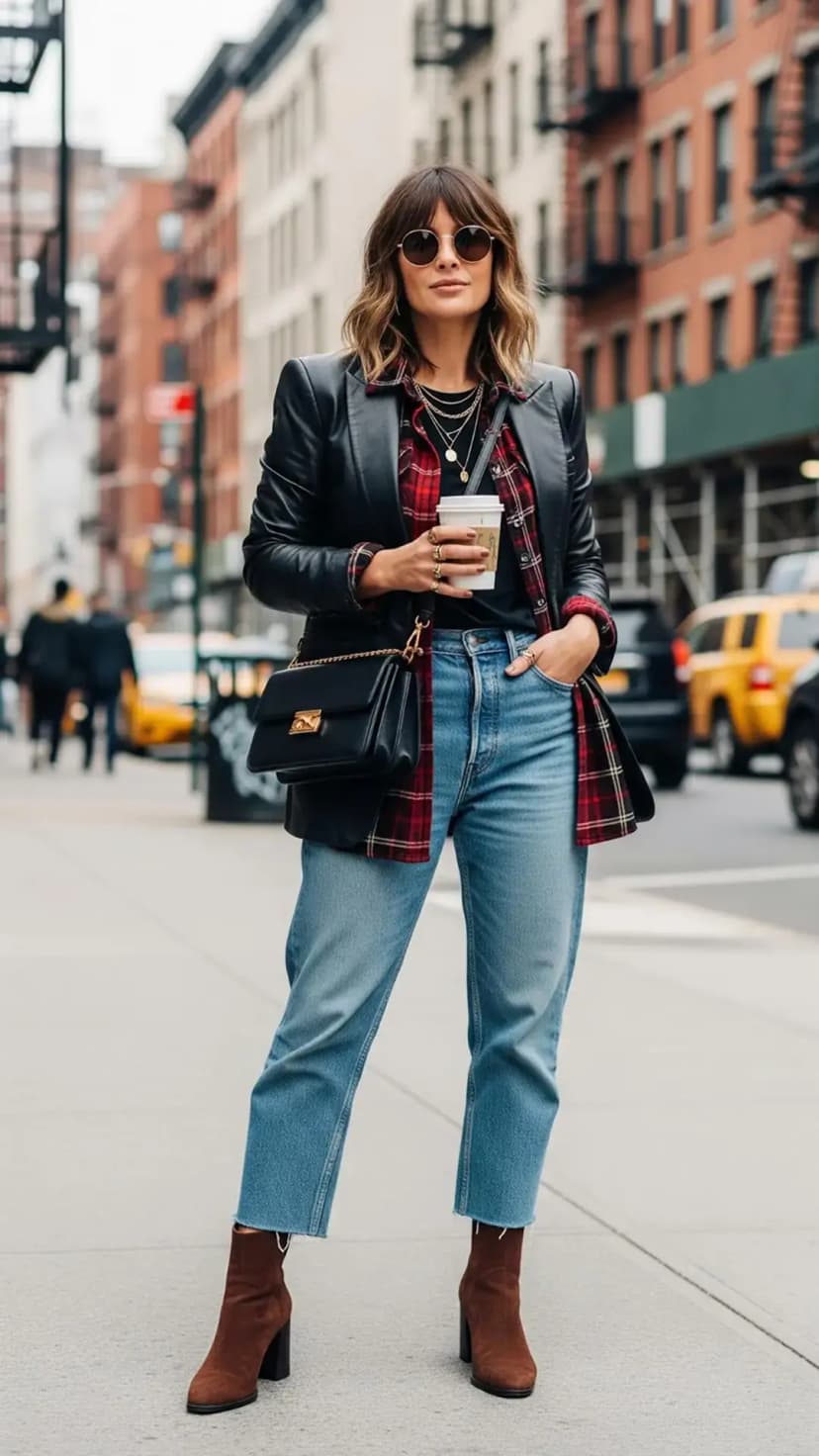 12. Black Leather Blazer + Plaid Shirt + Black Tee + Cropped Jeans + Brown Boots