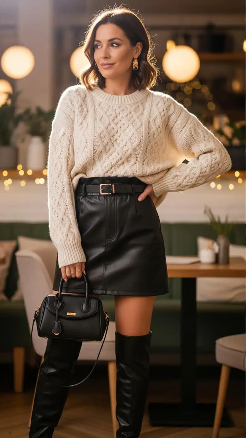 13. Chunky Cable Knit Sweater + Black Leather Mini Skirt + Black Over-the-Knee Boots