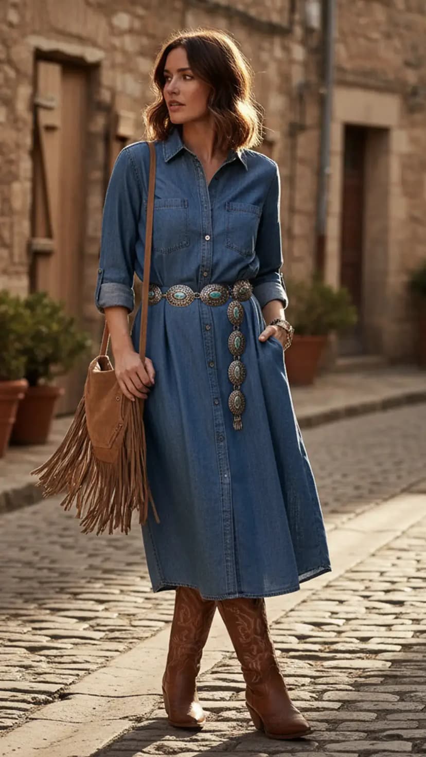 15. Denim Shirt Dress + Turquoise Western Belt + Cowboy Boots