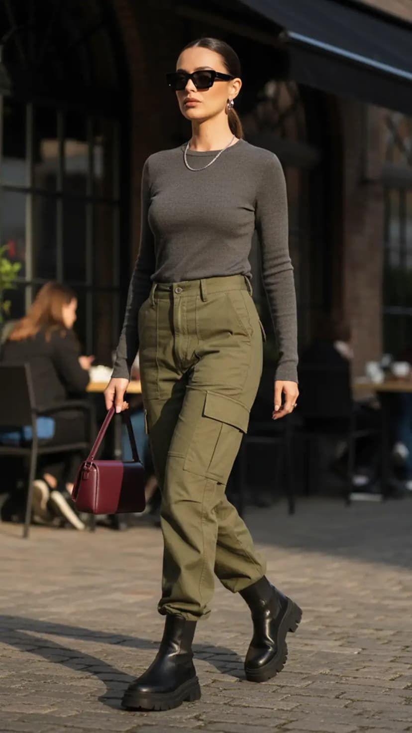 Charcoal Fitted Top + Olive Cargo Pants + Black Chunky Chelsea Boots