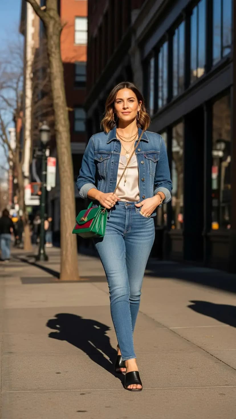Denim Jacket + Ivory Satin Cami + Light-Wash Skinny Jeans + Black Slides