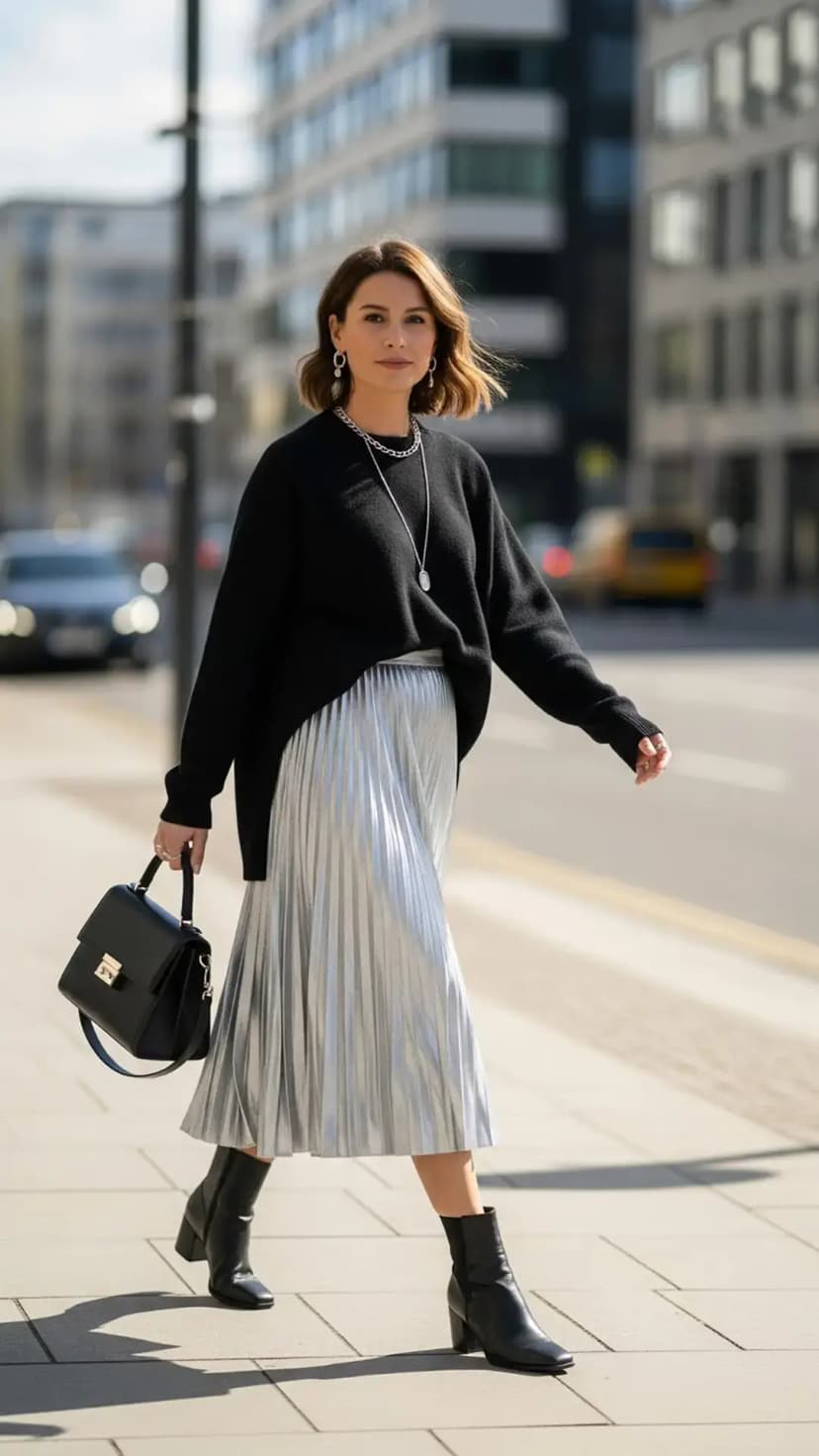 Black Oversized Sweater + Silver Metallic Pleated Skirt + Black Ankle Boots