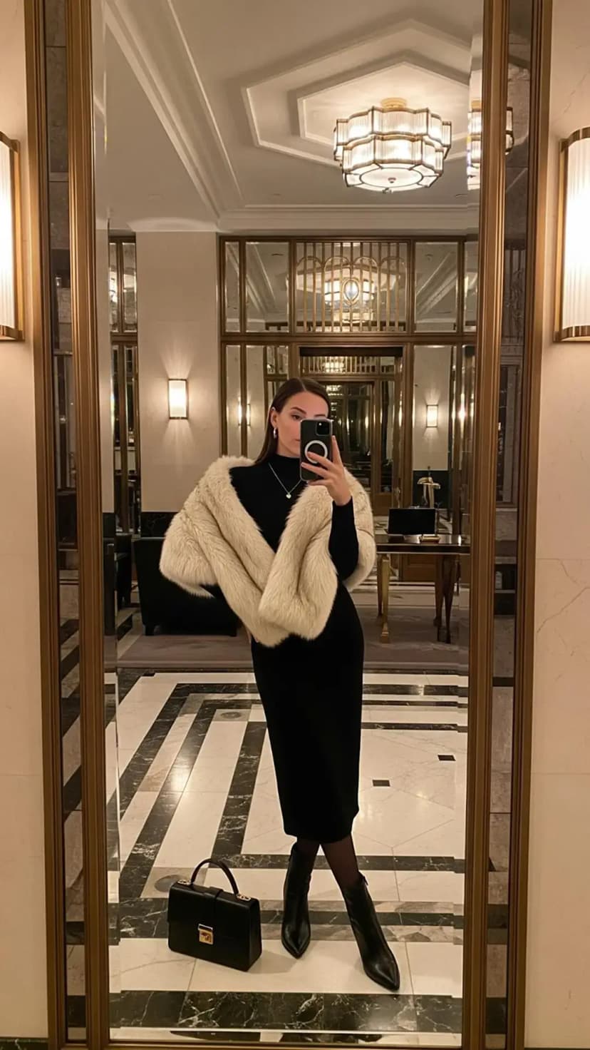 Black Turtleneck Dress + Ivory Faux Fur Stole + Black Ankle Boots