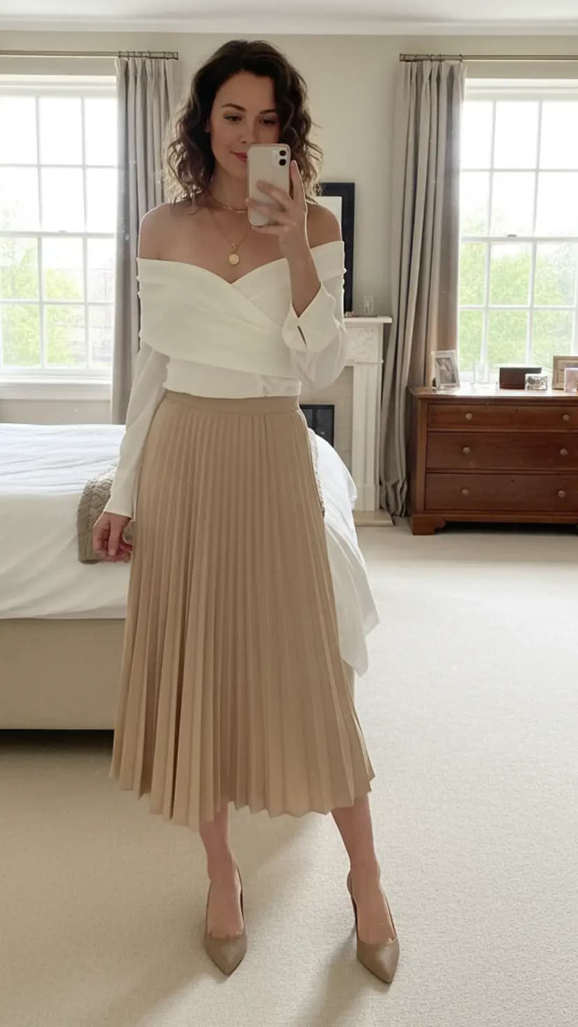 Off-Shoulder White Top + Nude Pleated Midi Skirt + Taupe Heels