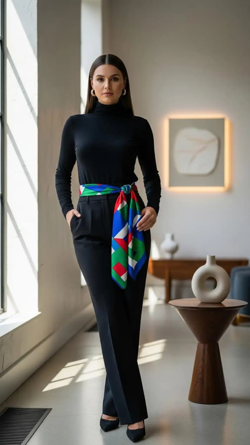 Black Turtleneck + Black Wide-Leg Pants + Colorful Silk Scarf Belt + Black Pumps