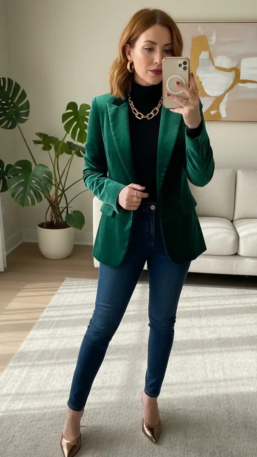 Green Velvet Blazer + Black Turtleneck + Skinny Jeans + Metallic Pumps