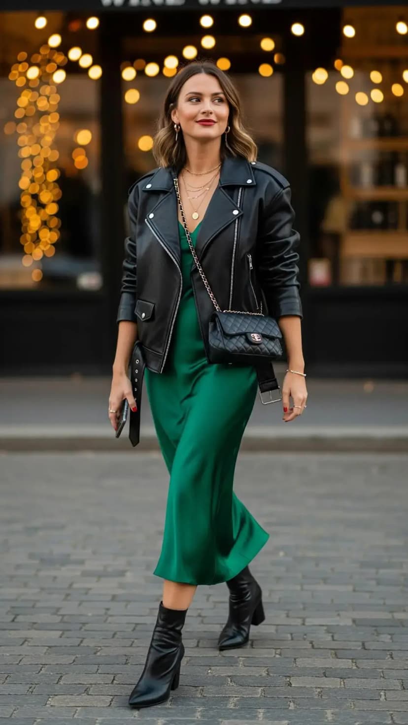 Green Satin Slip Dress + Black Leather Jacket + Black Ankle Boots