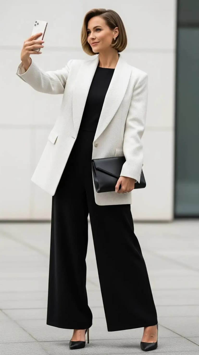 White Blazer + Black Jumpsuit + Black Heels