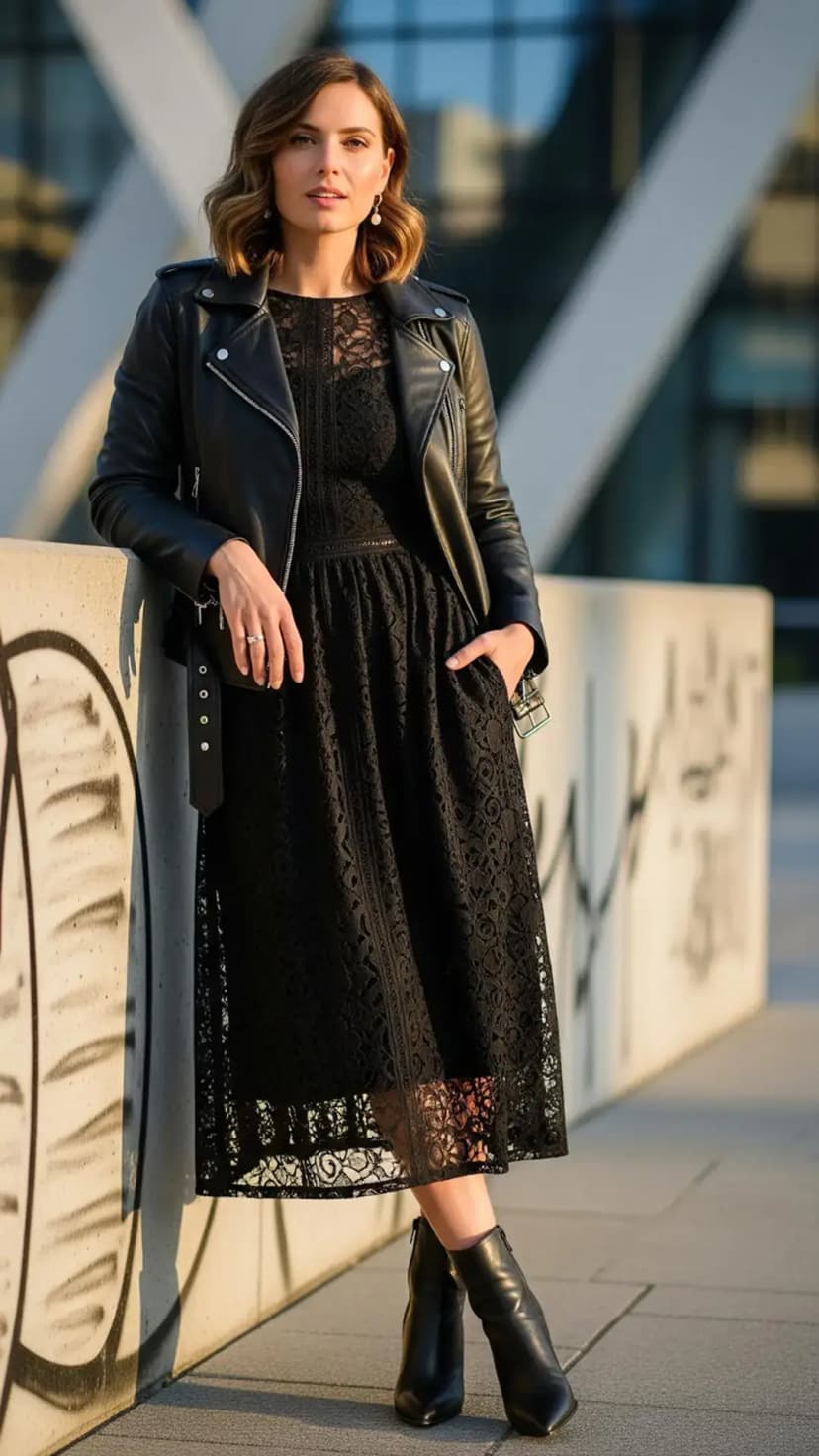Black Lace Midi Dress + Black Leather Jacket + Black Ankle Boots
