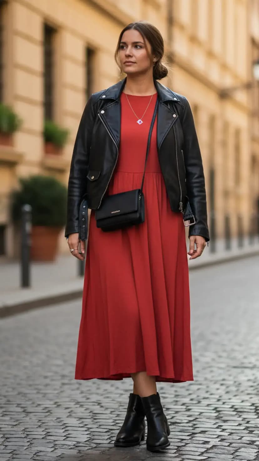 Tomato Red Midi Dress + Black Leather Jacket + Black Ankle Boots