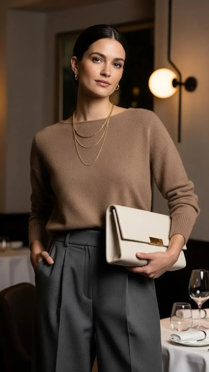 Mocha Sweater + Charcoal Wide-Leg Trousers + Gold Chains