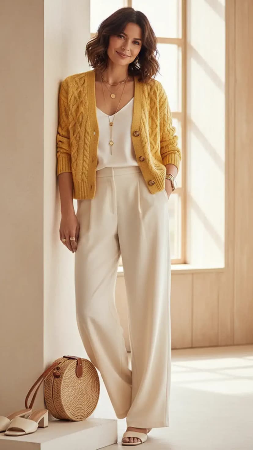Butter Yellow Cardigan + White Cami + Cream Wide-Leg Pants