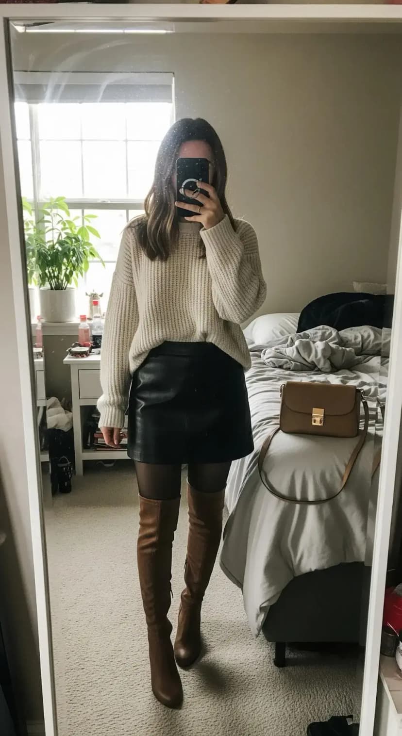 Leather Mini Skirt Look