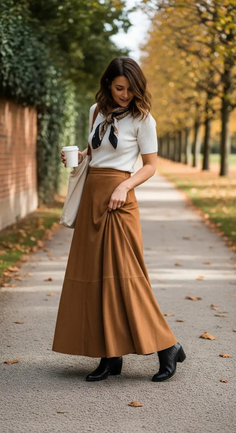 Bohemian Suede Maxi Skirt Outfit