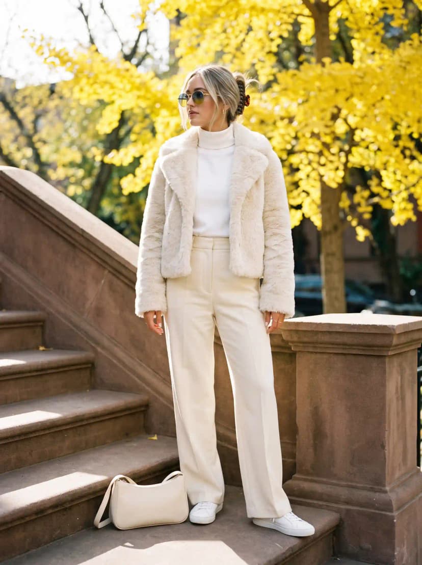 White Faux Fur Jacket + White Turtleneck + Cream Trousers