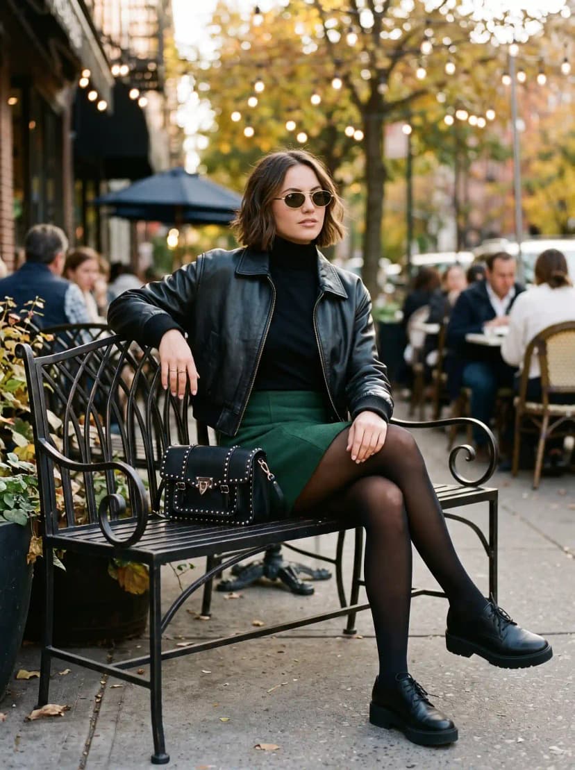 Black Leather Biker Jacket + Black Turtleneck + Green Mini Skirt