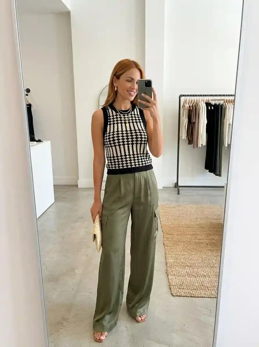 Houndstooth Knit Vest + Olive Satin Cargo Pants