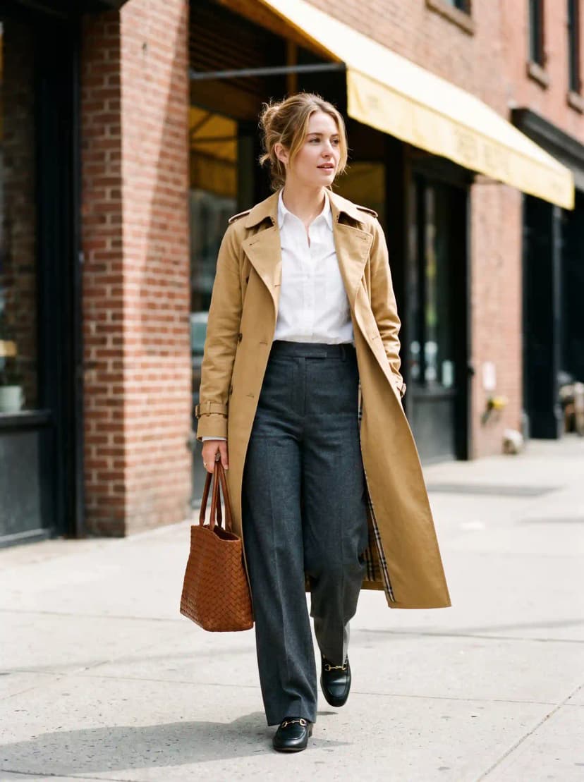 White Button-Up + Camel Trench Coat + Grey Trousers