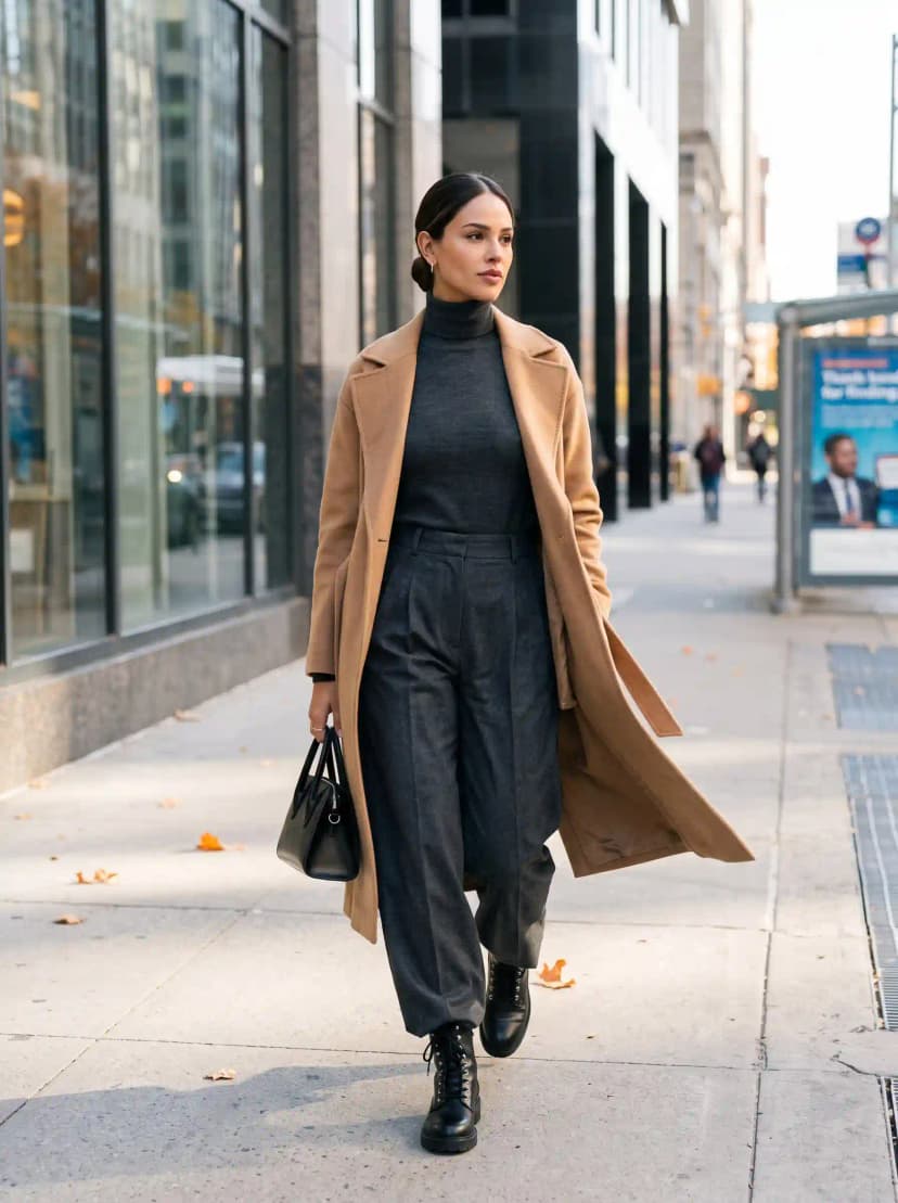 Grey Turtleneck + Grey Trousers + Camel Coat