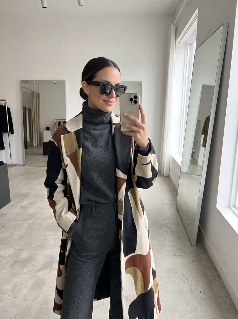 Grey Turtleneck + Color-Block Long Coat + Grey Trousers