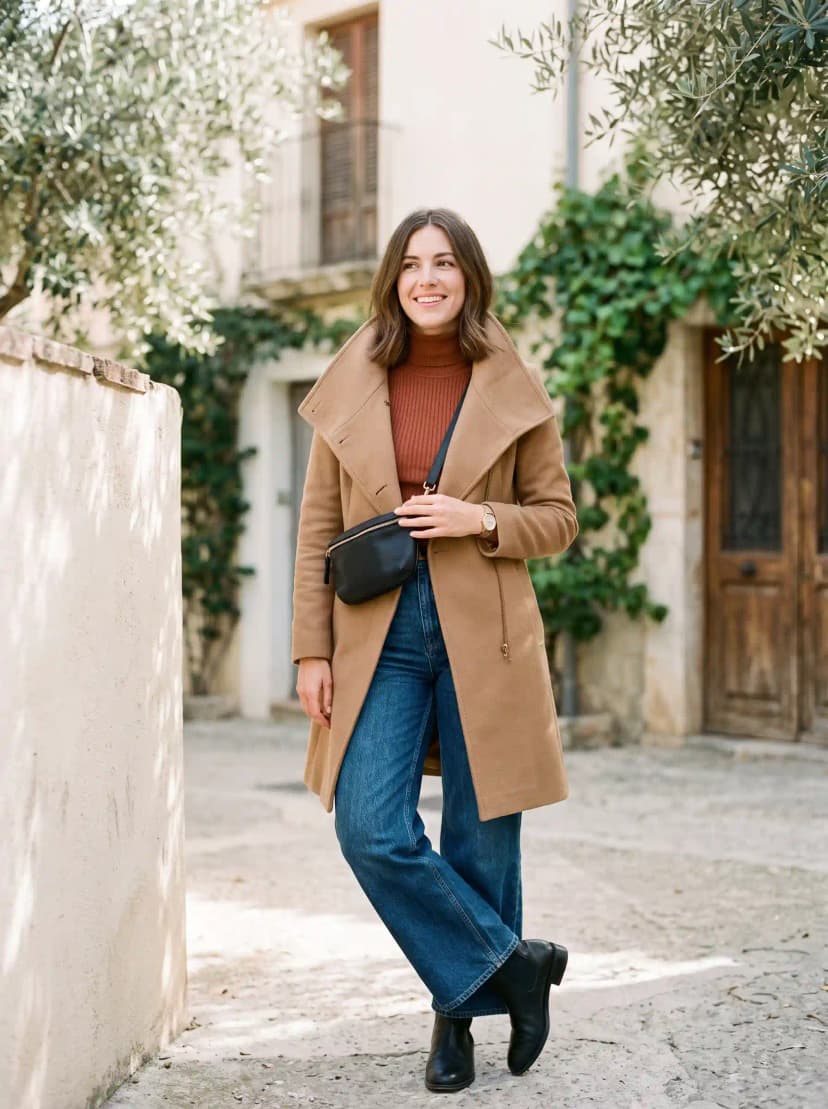 Camel Coat + Rust Turtleneck + Dark Blue Jeans