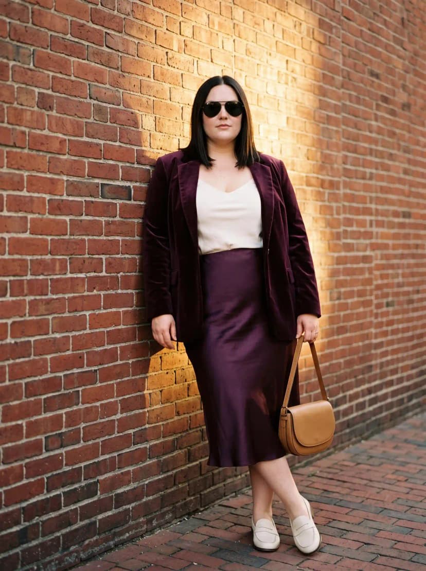 Burgundy Velvet Blazer + Cream Cami + Purple Slip Skirt