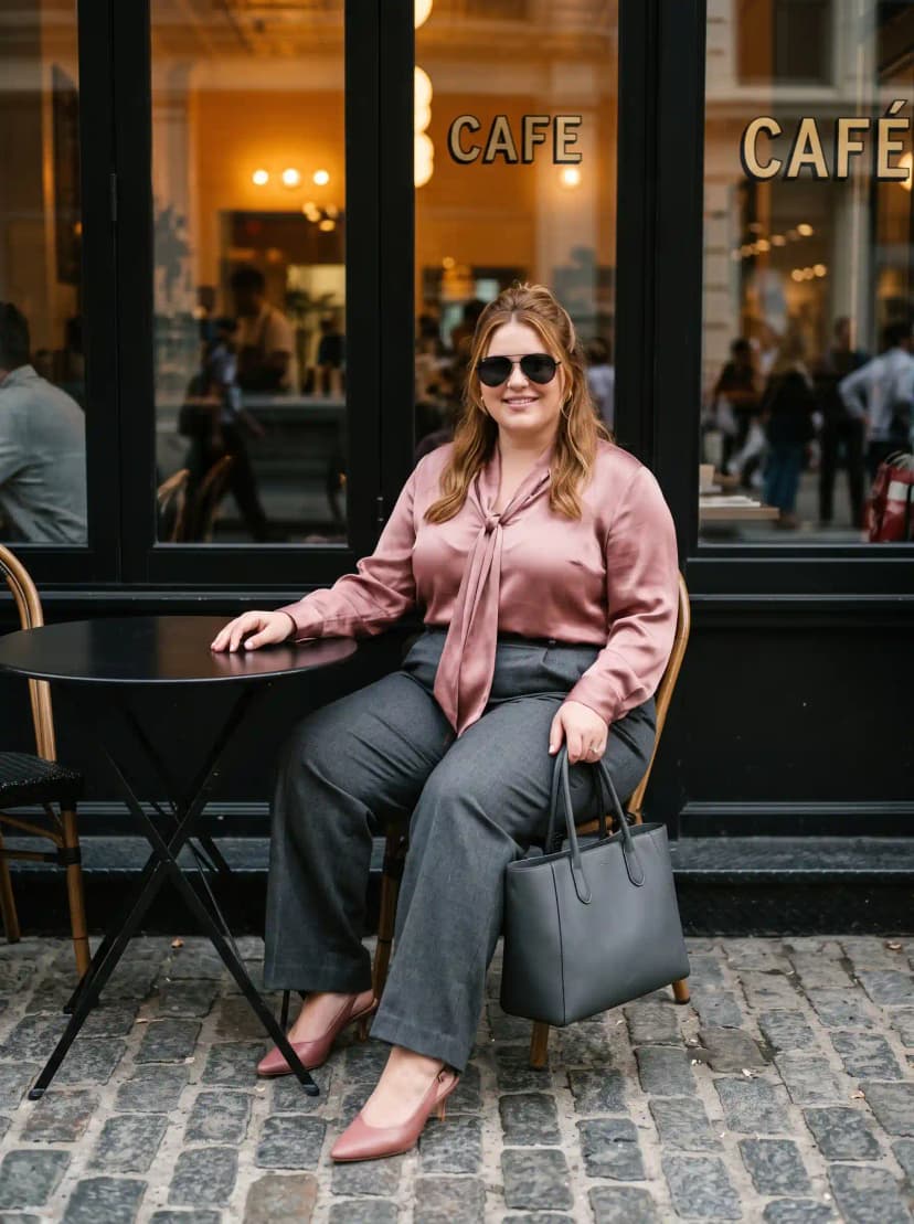 Pink Bow Blouse + Grey Trousers