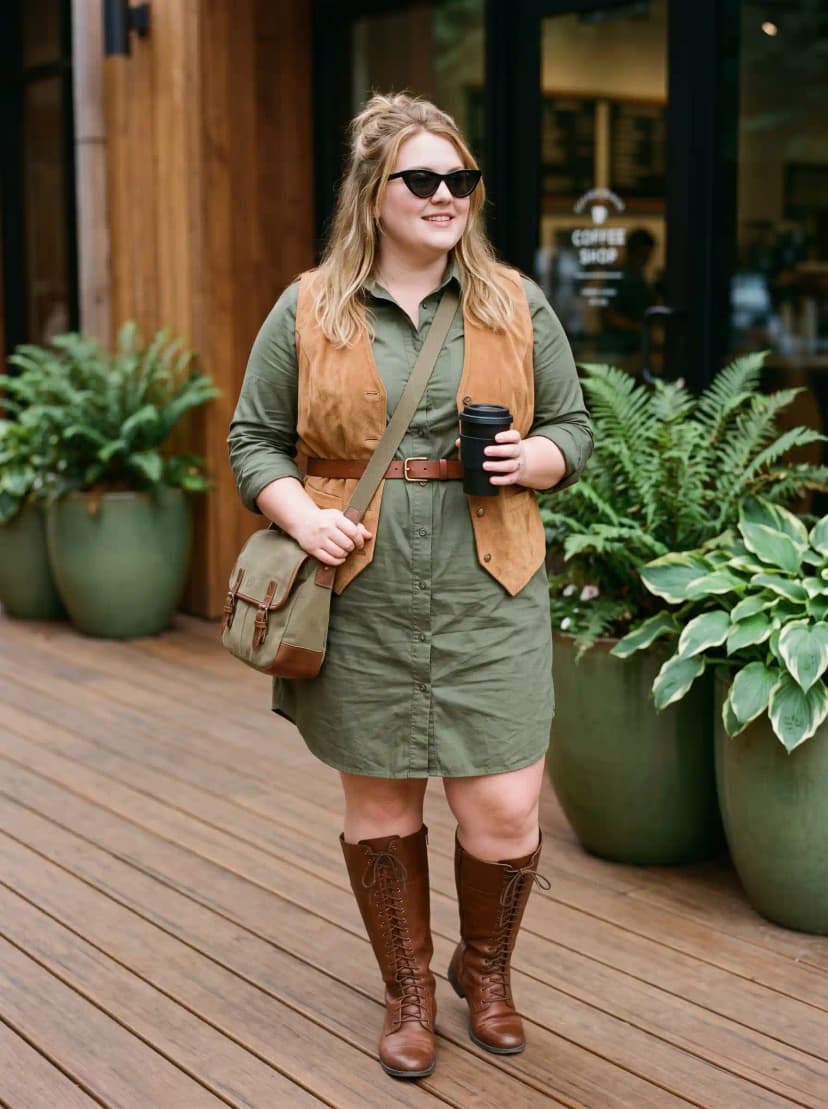 Olive Shirt Dress + Brown Suede Vest